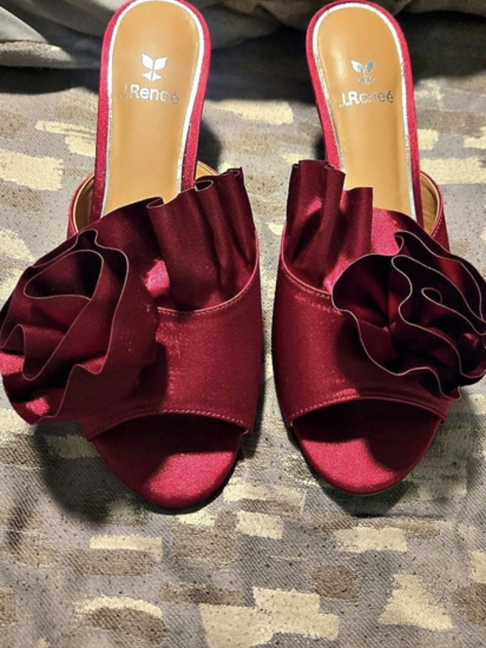 J. Reneé Briston Satin Ruffle Flower Ornamented Dress Slide Sandals Heels Red